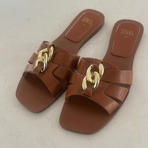 Zara Women's Brown Slide Sandals with Gold Accent